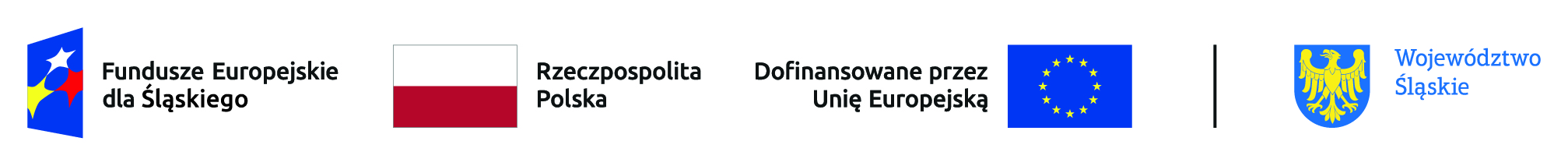 4 znaki graficzne: niebieski prostokąt z gwiazdkami - symbol programu Fudusze Europejskie dla Sląskiego, flaga Polski, flaga Unii Europejskiej, herb województwa śląskiego
