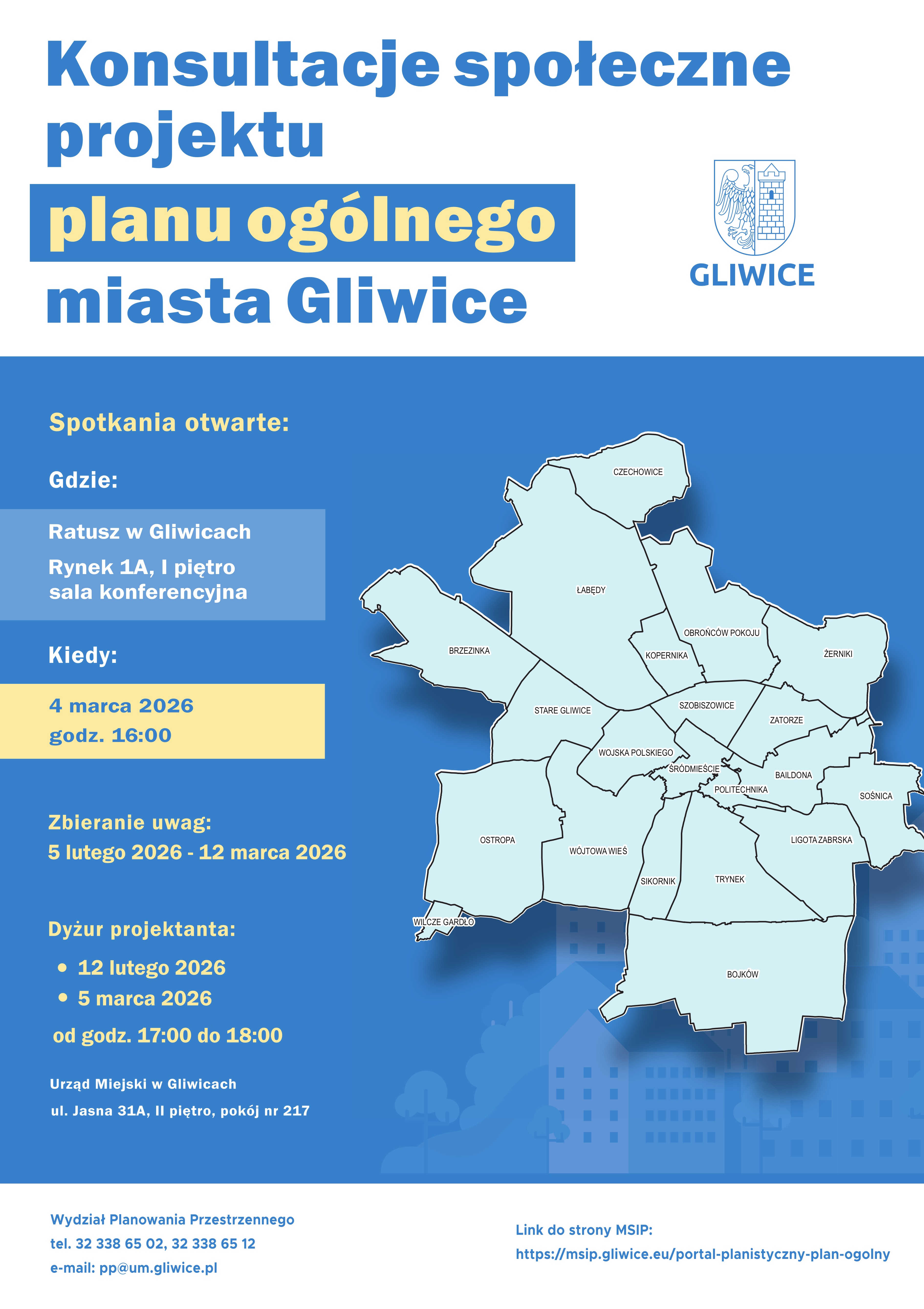 plakatz napisem: konsultacje społeczne w sprawie planu ogólnego miasta Gliwice