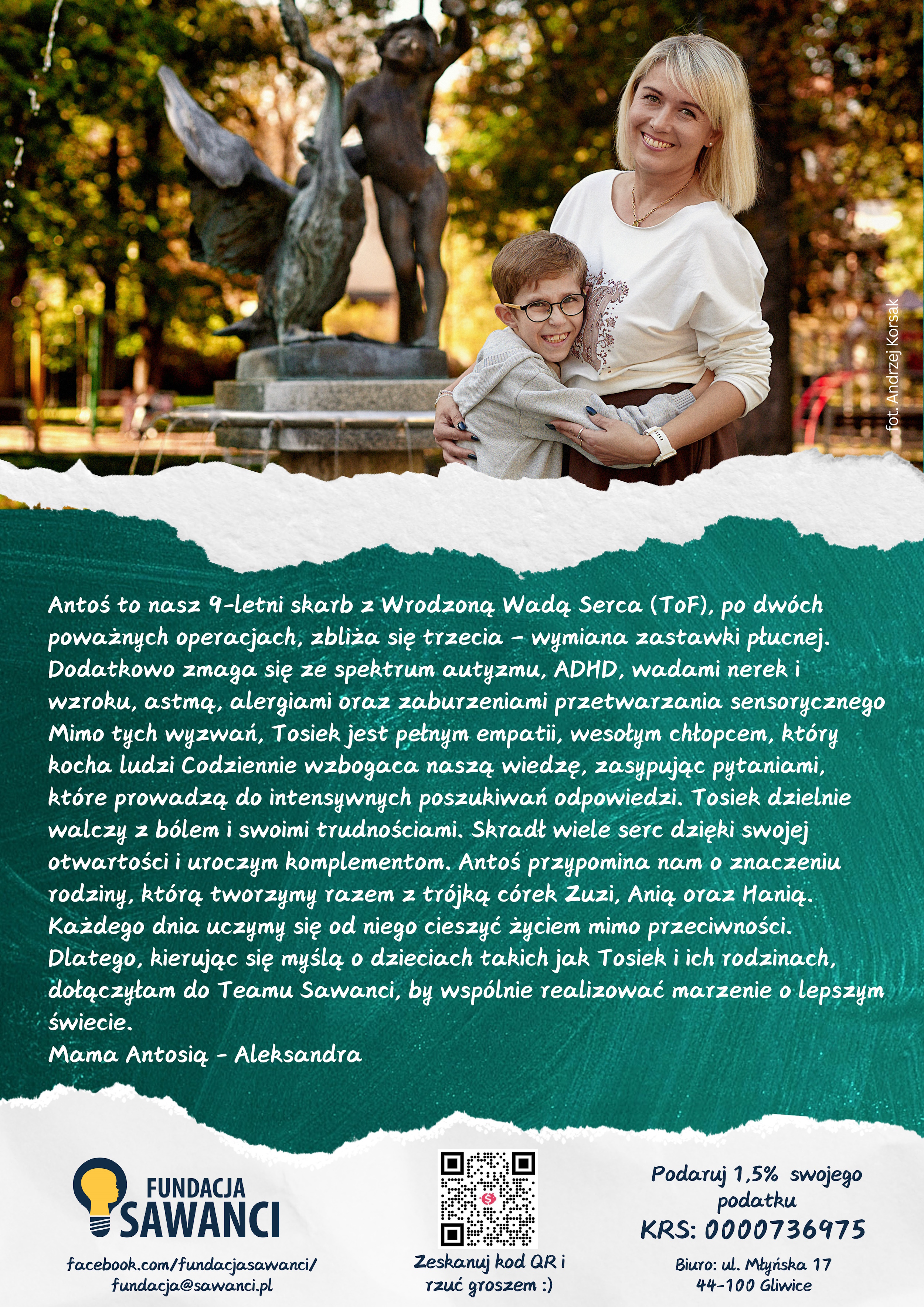 Plakat promujący zbiórkę pieniędzy - mama z synem z autyzmem