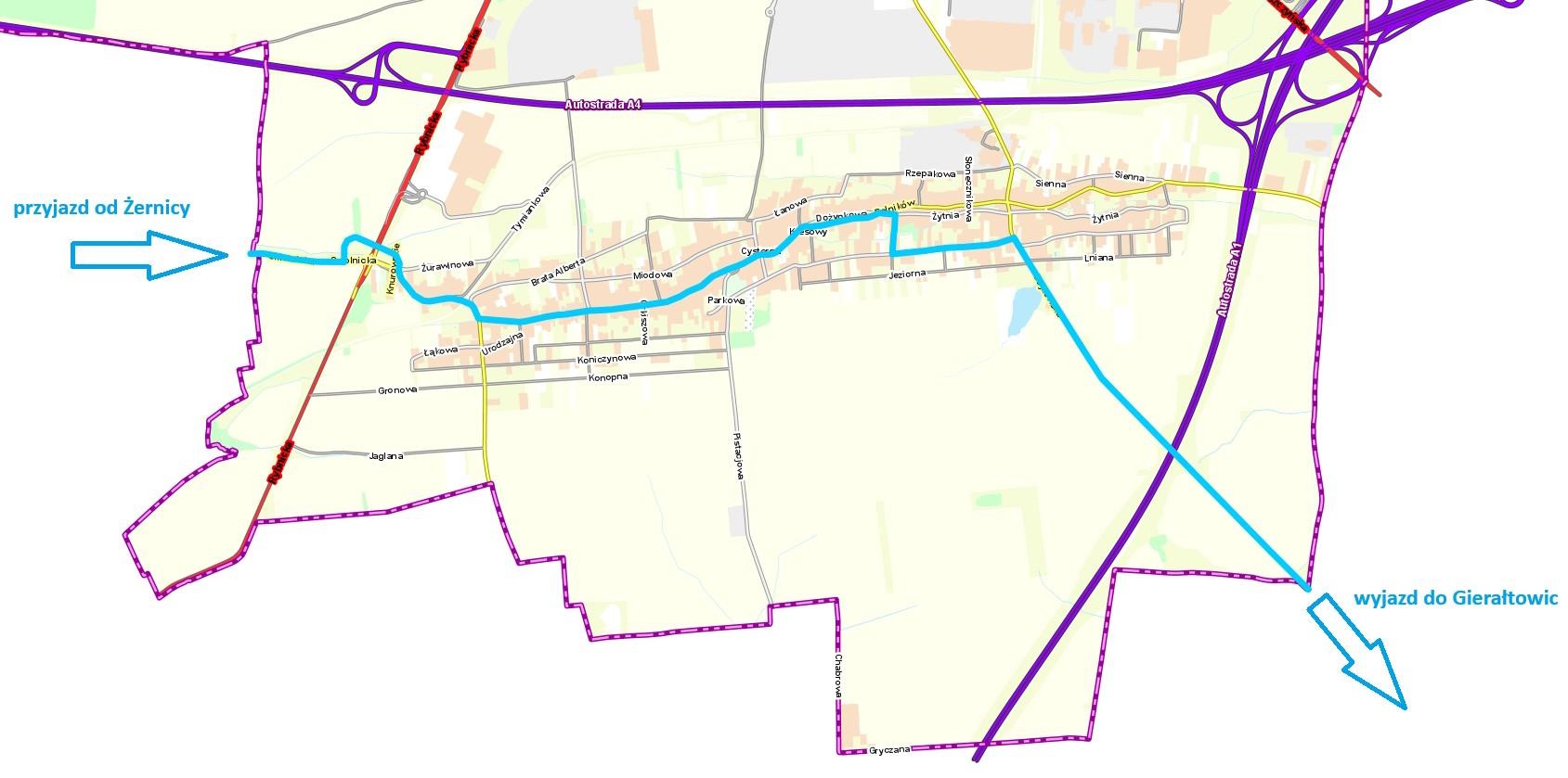 Mapka z wyrysowaną trasa przejazdu w Gliwicach