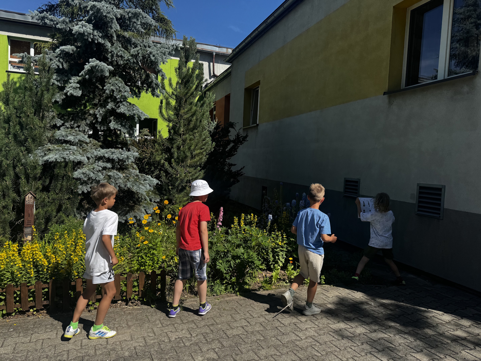 czterech chłopców idzie do ogrodu