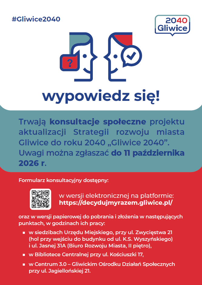 Od 28 sierpnia do 11 października potrwają konsultacje projektu aktualizacji „Strategii rozwoju miasta Gliwice do roku 2040, Gliwice 2040”. Uwagi i propozycje zmian można zgłaszać do całego dokumentu. 8 września planowane jest również spotkanie otwarte