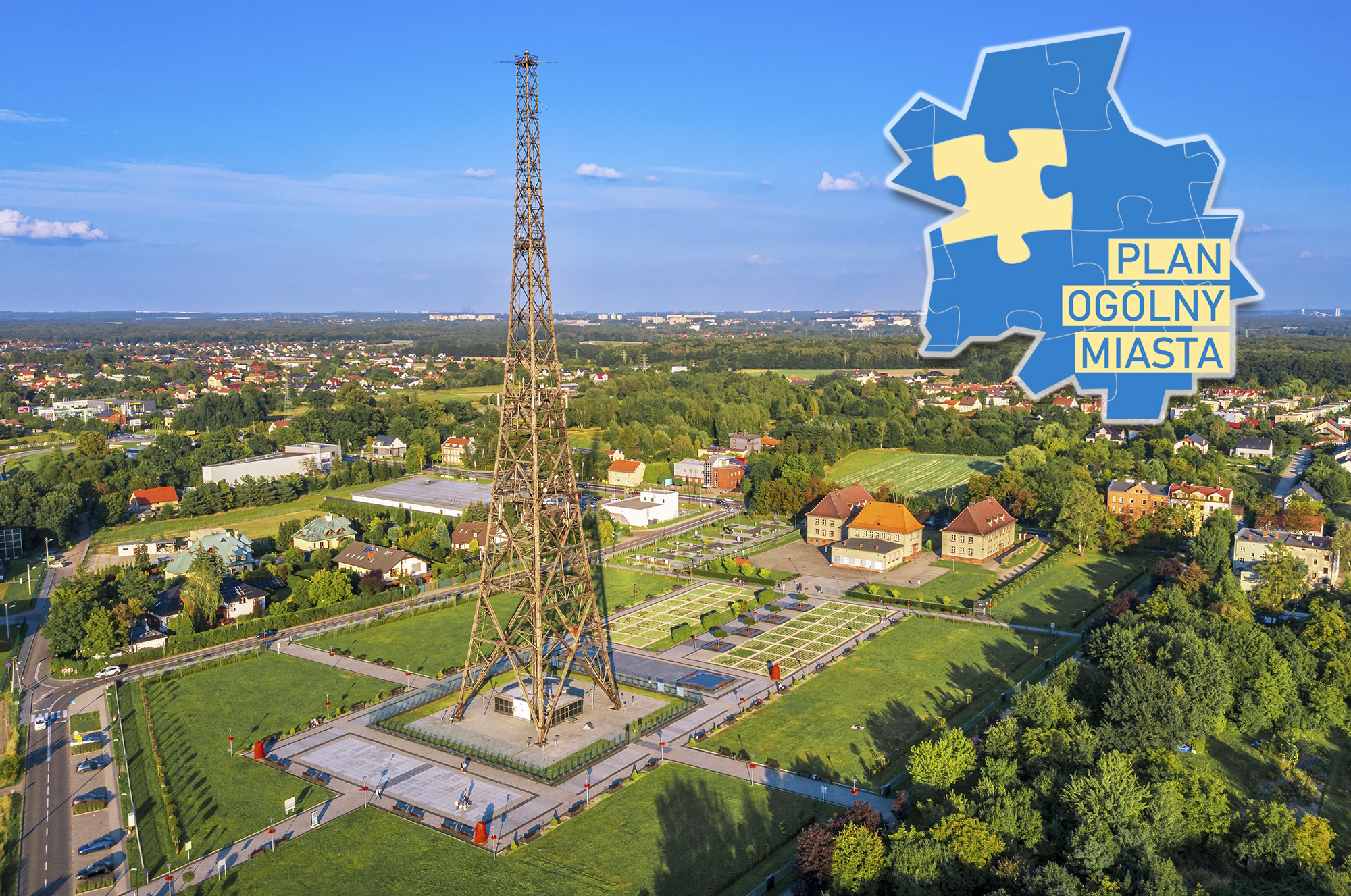 widok na Radiostację Gliwicką z lotu ptaka i teren wokół niej