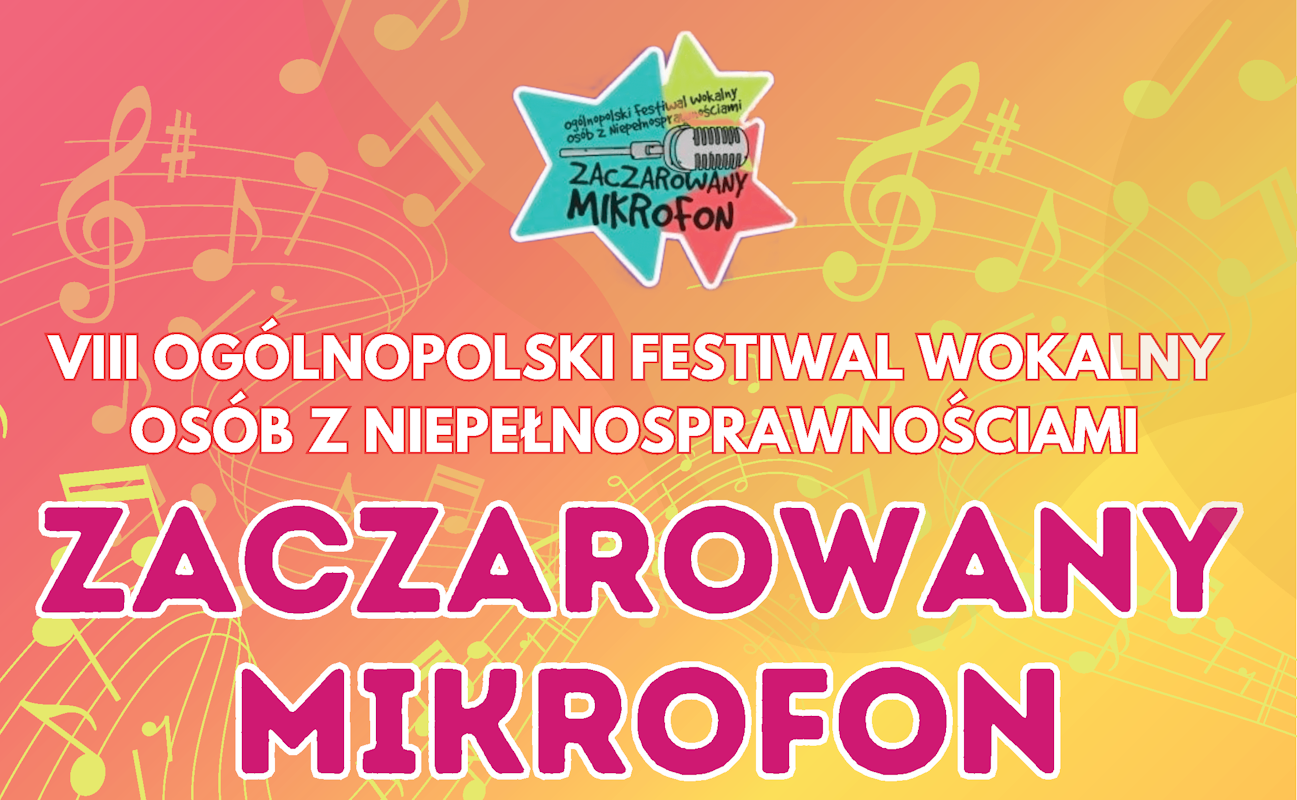 Napis Zaczarowany Mikrofon na kolorowym tle w nuty