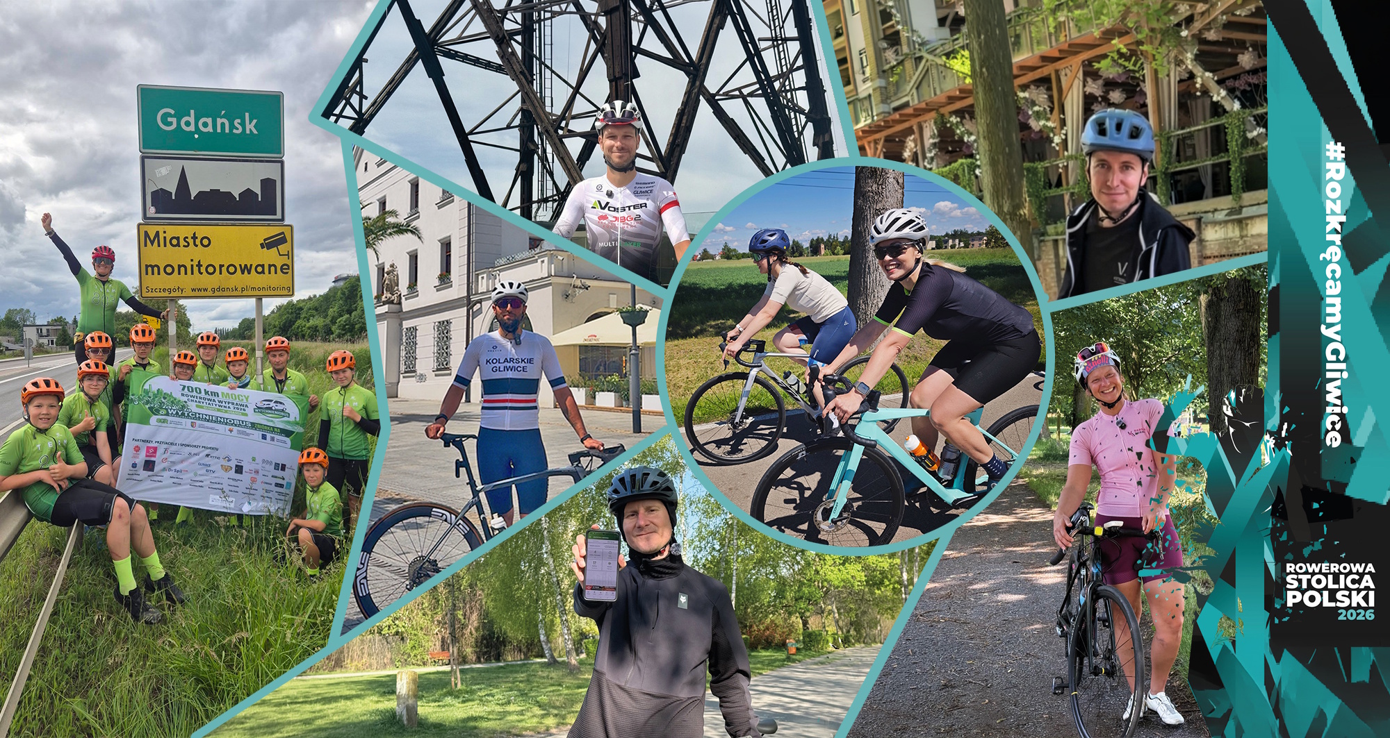 Kolaż zdjęć rowerowych ambasadorów Gliwic oraz ich akcji