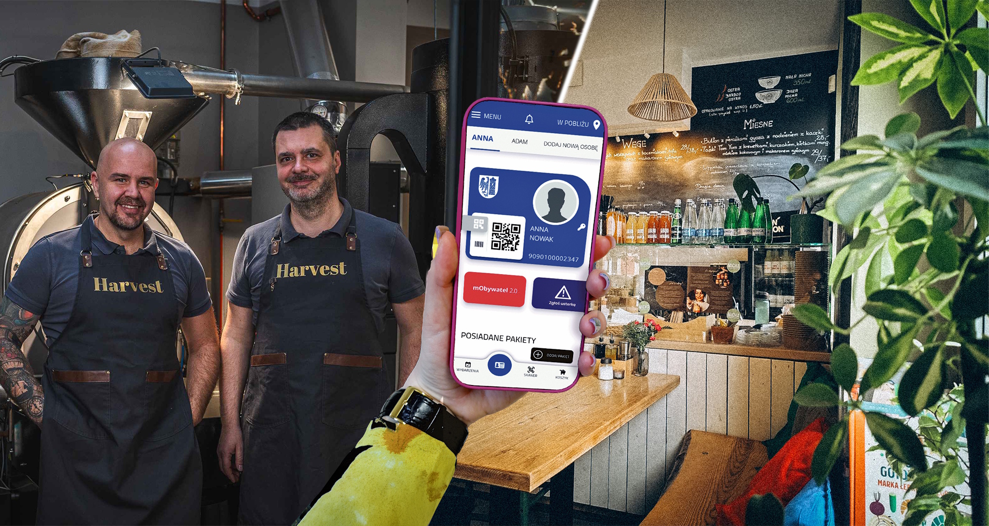Kolaż zdjęć restauracji i dłoń trzymająca telefon z aplikacją Gliwicka Karta Mieszkańca