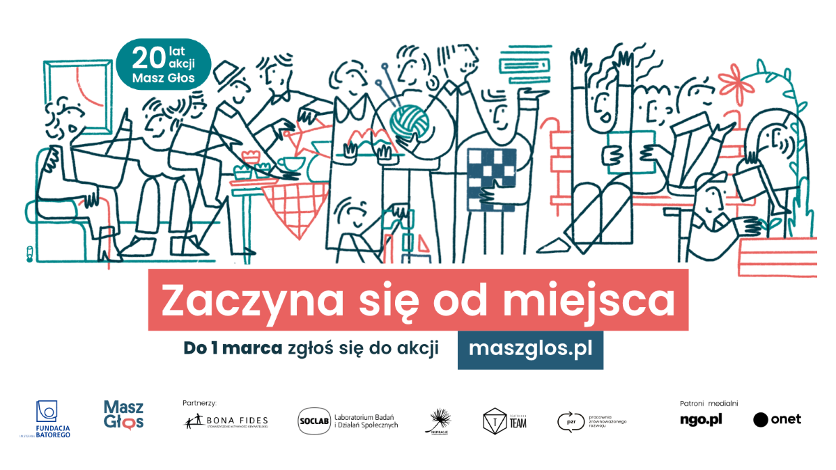rysunki ludzi rozmawiających, robiących coś wspólnie, z napisem Masz Głos, zaczu=yna się od miejsca