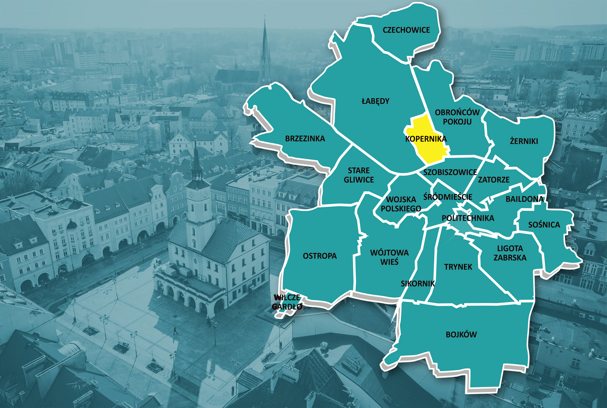 mapa gliwickich dzielnic z zaznaczoną na żółto dzielnicą Kopernika